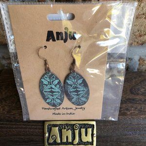 ANJU JEWELRY Brass & Copper Green Patina Embossed Earrings, EP284, New